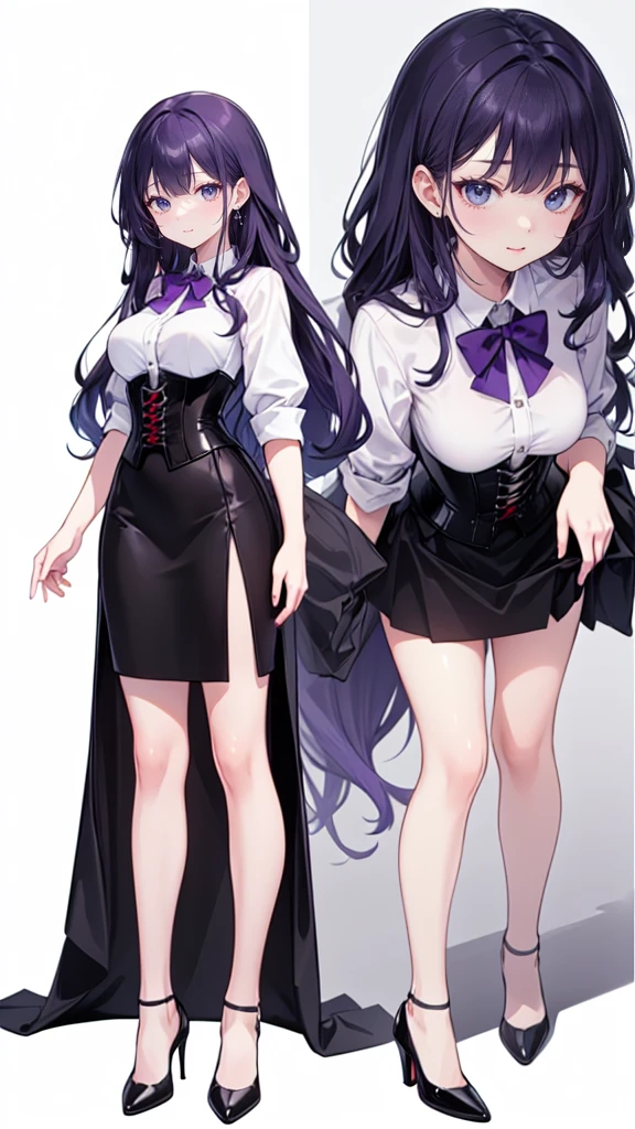 Purple Hair,Super long hair with volume,Adult female,(suit),White Y-shirt,((Rolling up his sleeves)),(corset),(Black skirt),(Slim silhouette skirt),(High heels),Heels are visible,((Simple white background)),smile,((whole body)),((full body)),Character Sheet,