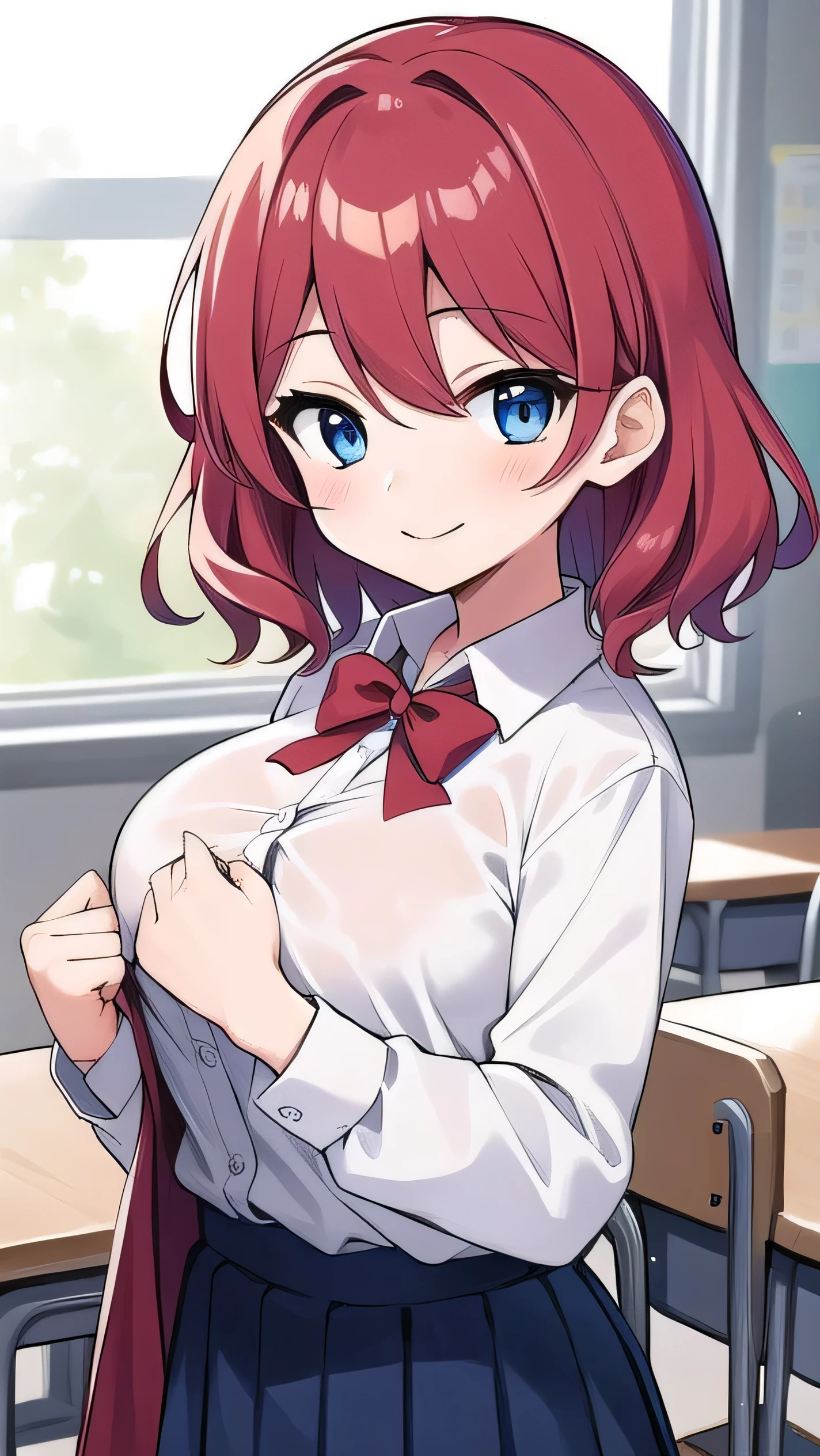Big breasts, red hair, blue eyes, droopy eyes, red jacket, long sleeves, navy skirt, elementary school student, super big breasts, (medium hair: 1), baggy clothes, elementary school student, young face, short height, , old, shy Agari, smiling a little, trying to unbutton his shirt in the classroom, white shirt, soft hair,straight hair