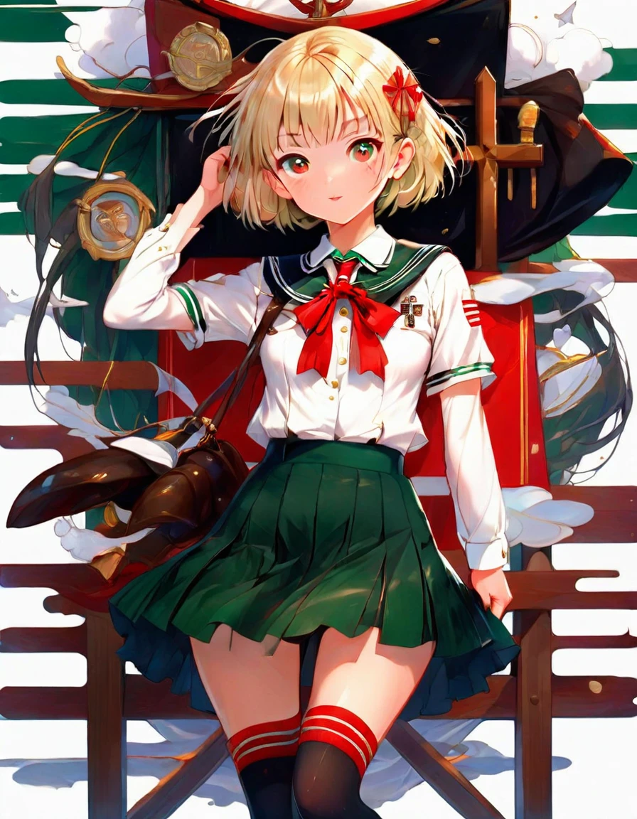 ((masterpiece, Highest quality)), High resolution, 8K, Cinematic Light, High Contrast, Depth of written boundary, A 17-year-old Japanese girl, Catholic high school student, blonde bob cut, beautiful red eyes, neatly aligned bangs, tanned chocolate skin, black gal style, traditional dark green sailor uniform, white tie, white sailor collar, white socks, loafers, full body, standing with a confident expression, arms crossed, perfect lighting, 