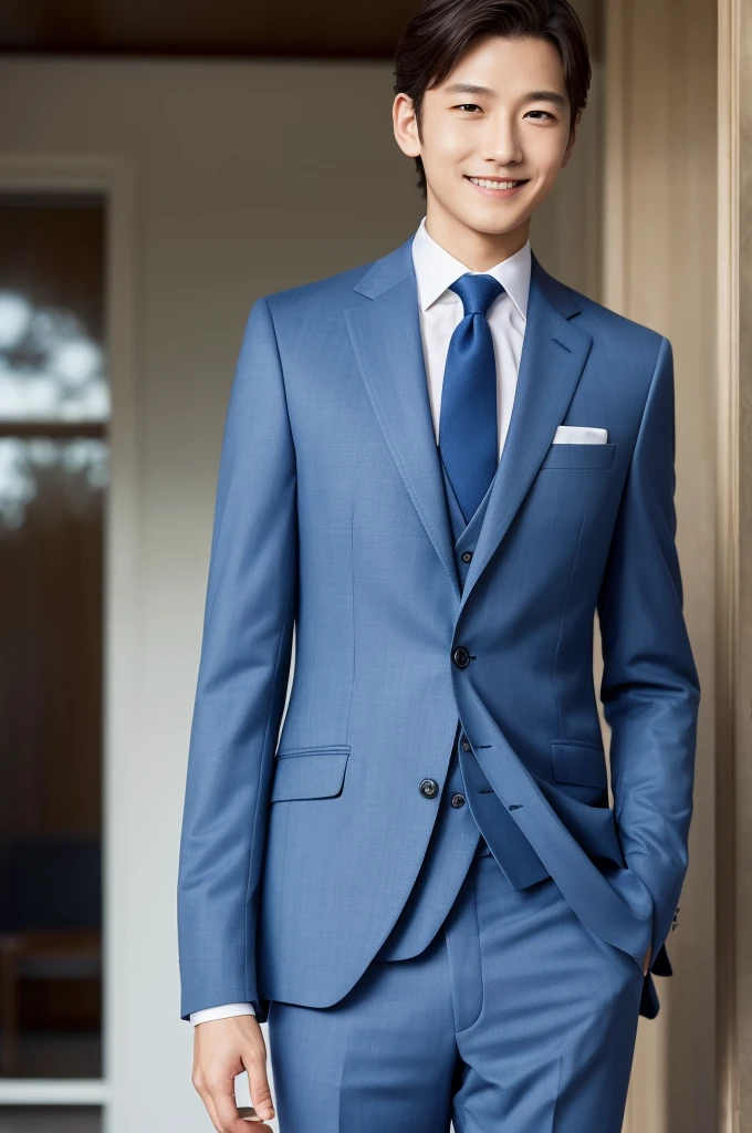 (masterpiece:1.1),(best quality:1.1),1 boy,soft light,man jxx,smile,look at the ,Navy suit jacket, light bluetie,japn