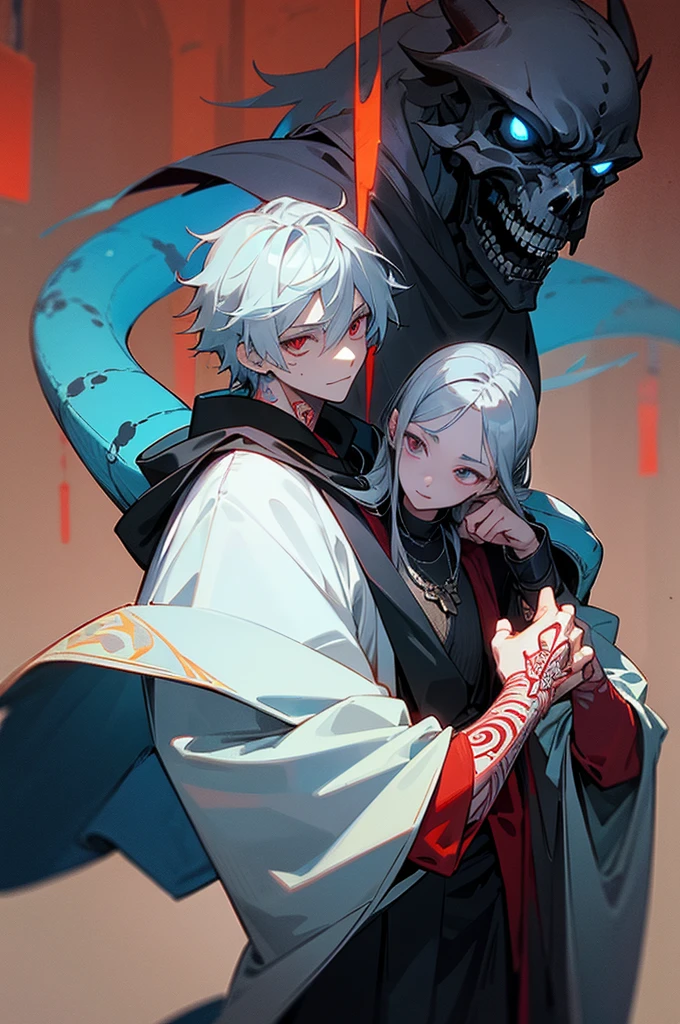 light blue for good, gray for manipulative, and red for psychopathic. He has a notable scar across his right cheek and smaller ones on his arms and torso, with tattoos of shadows and mystical symbols on his forearms and back. He wears personality-matching outfits: light battle clothes in blue and silver with a bird-like cape for good; fitted black leather robes with silver details and a hooded cloak for manipulative; and dark red leather armor with shoulder spikes and a tattered cape for psychopathic. His accessory is a necklace that changes symbols (flower, snake, skull) with his personality. Unique physical changes occur with each personality, such as posture, facial expression, and movement. The setting is a medieval urban environment with wooden architecture, stone streets, paper lanterns, and bustling markets.
