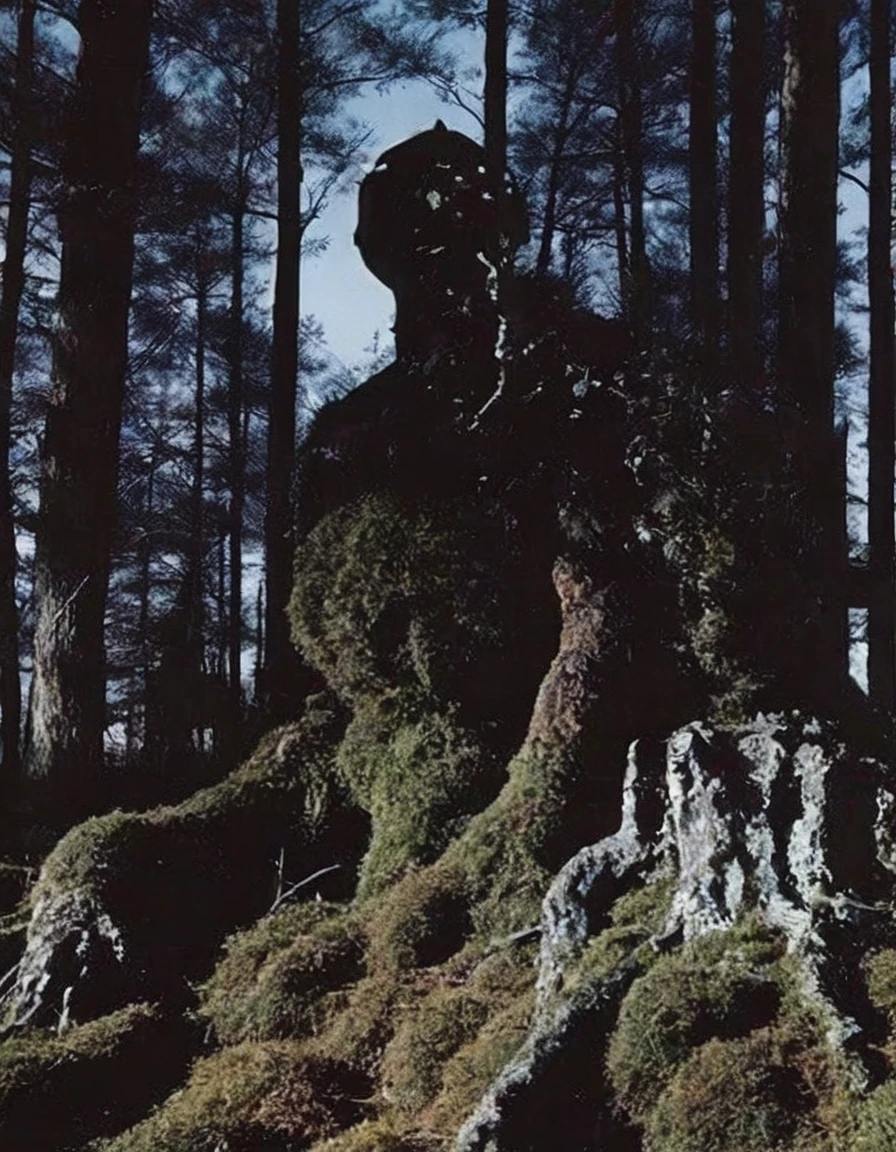 film photography, vintage, jodorowsky holy mountain in dark night forest