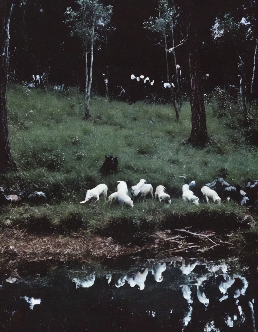 film photography, vintage, jodorowsky holy mountain in dark night forest