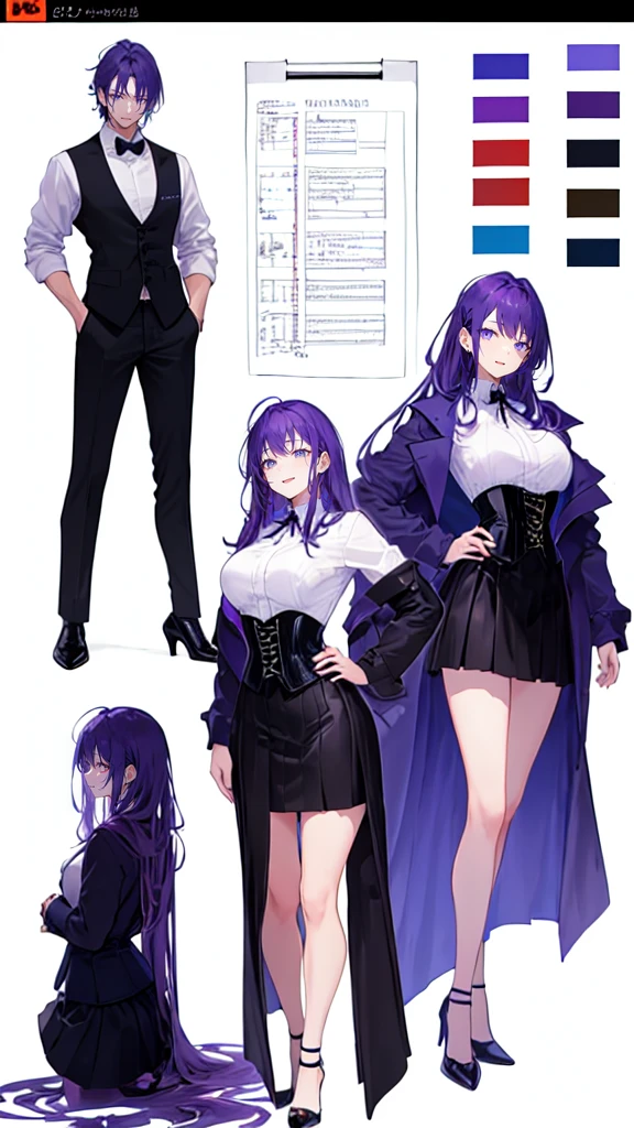 Purple Hair,Super long hair with volume,Adult female,(suit),White Y-shirt,((Rolling up his sleeves)),(corset),(Black skirt),(Slim silhouette skirt),(High heels),Heels are visible,((Simple white background)),smile,((whole body)),((full body)),Character Sheet,