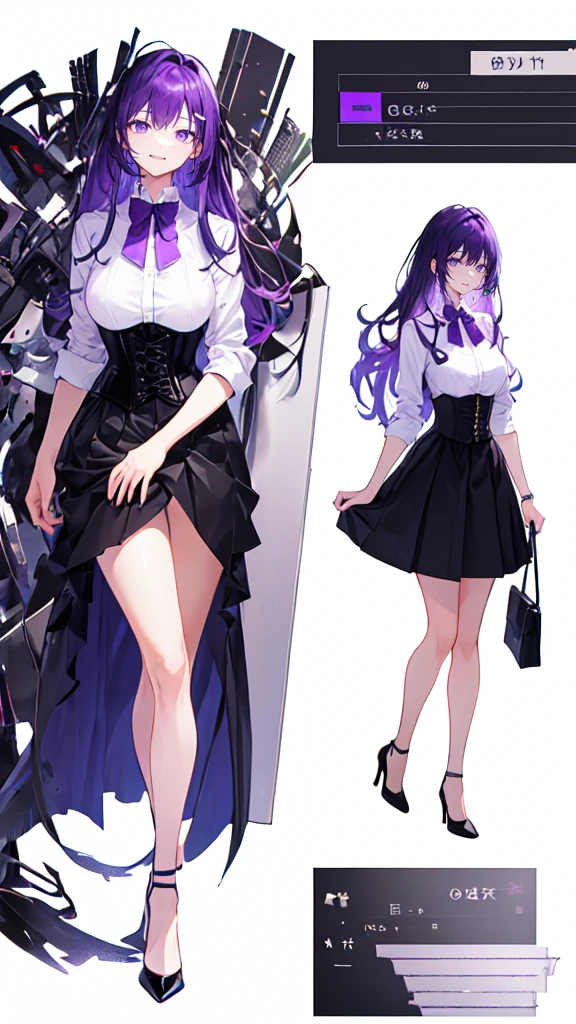 Purple Hair,Super long hair with volume,Adult female,(suit),White Y-shirt,((Rolling up his sleeves)),(corset),(Black skirt),(Slim silhouette skirt),(High heels),Heels are visible,((Simple white background)),smile,((whole body)),((full body)),Character Sheet,