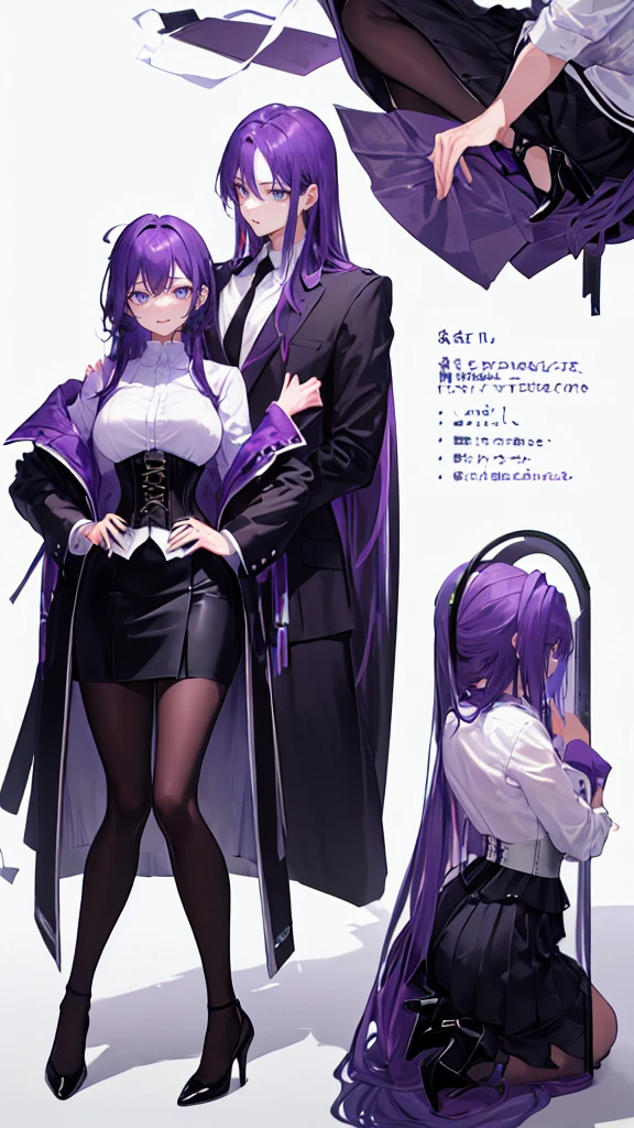 Purple Hair,Super long hair with volume,Adult female,(suit),White Y-shirt,((Rolling up his sleeves)),(corset),(Black skirt),(Slim silhouette skirt),(High heels),Heels are visible,((Simple white background)),smile,((whole body)),((full body)),Character Sheet,