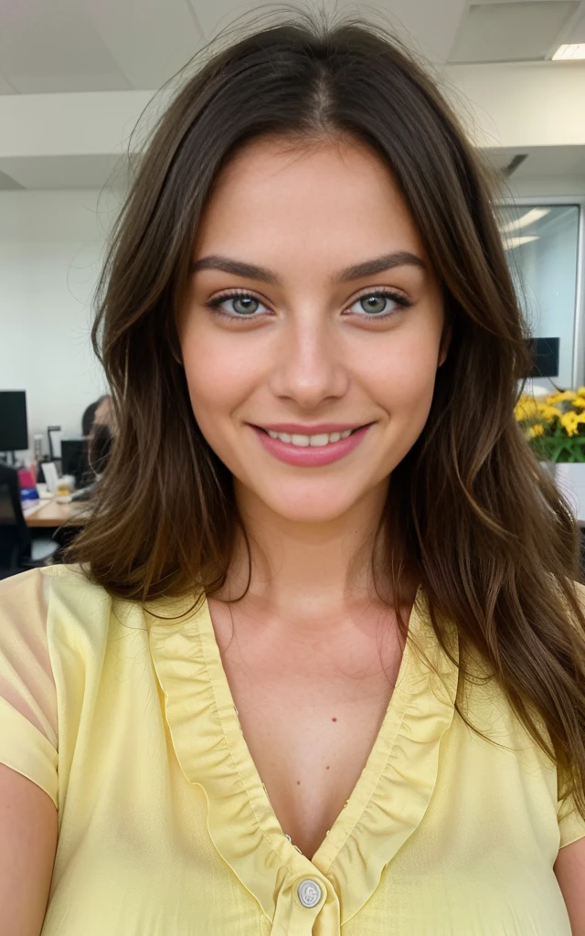 smiling, happy, beautiful brunette, standing at an office desk, smiling wearing a pretty yellow dress with flowers on, large office with computers, very detailed, 40 years, innocent face, long hair, natural wavy, blue eyes, high resolution, masterpiece, best quality, intricate details, highly detailed, sharp focus, detailed skin, realistic skin texture, texture, detailed eyes, professional, 4k, charming smile, shot on Canon, 85mm, shallow depth of field, kodak vision color, perfect fit body, extremely detailed, foto_\(ultra\), photorealistic, realistic, post-processing, maximum detail, roughness, real life, ultra realistic, photorealism, photography, 8k uhd, photography, busty