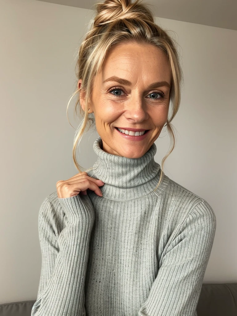 photo of a skinny very old wrinkly-faced faced mature blonde messy long hair thrown into a messy bun ponytail. She wears: (turtleneck soft high ribbed different bright coloured super tight sweater:1.1), submissive seductive pose, high tight ribbed neck, seductive smile, perfect fake tits, horny eager granny, teasing sexy old lady