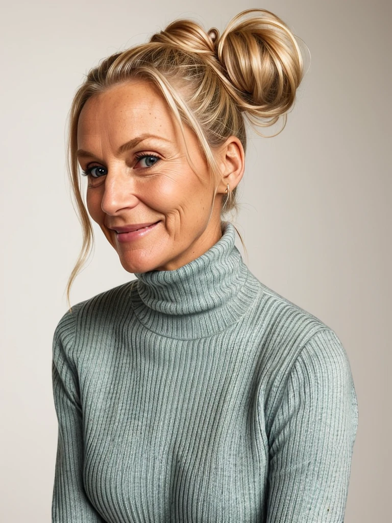 photo of a skinny very old wrinkly-faced faced mature blonde messy long hair thrown into a messy bun ponytail. She wears: (turtleneck soft high ribbed different bright coloured super tight sweater:1.1), submissive seductive pose, high tight ribbed neck, seductive smile, perfect fake tits, horny eager granny, teasing sexy old lady