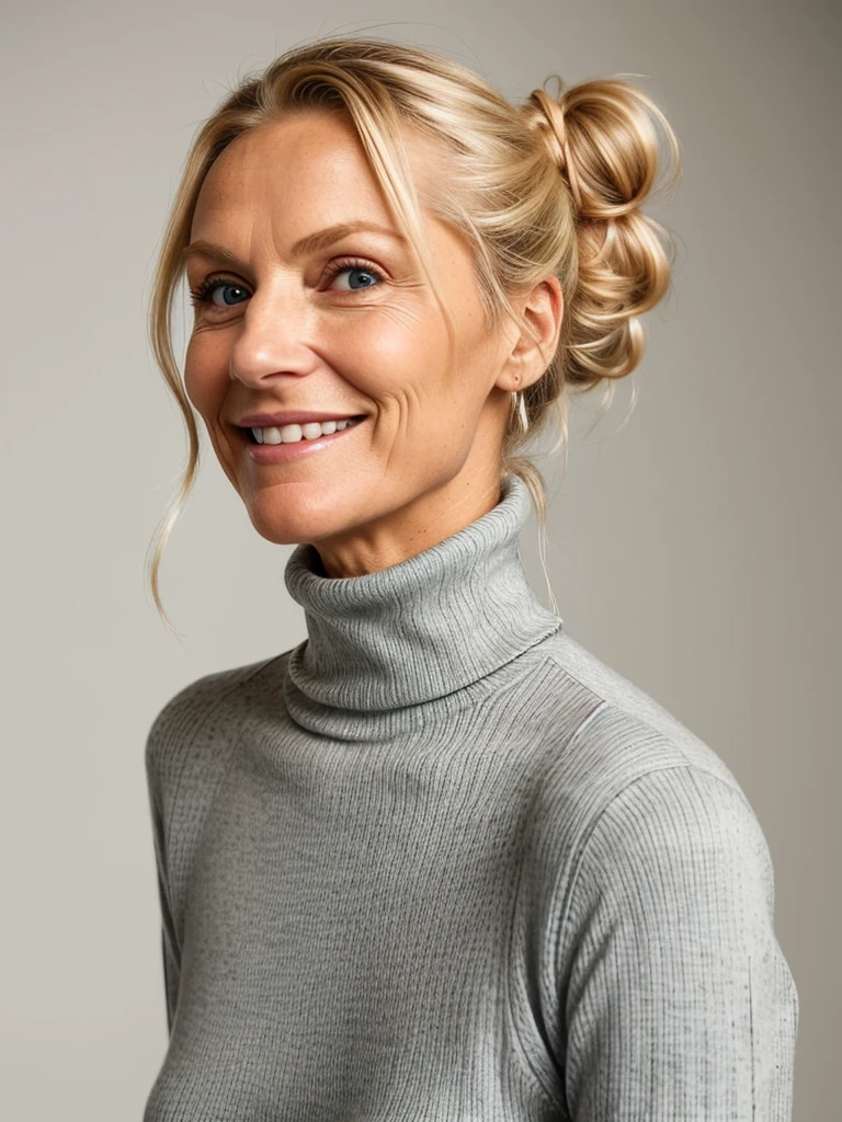 photo of a skinny very old wrinkly-faced faced mature blonde messy long hair thrown into a messy bun ponytail. She wears: (turtleneck soft high ribbed different bright coloured super tight sweater:1.1), submissive seductive pose, high tight ribbed neck, seductive smile, perfect fake tits, horny eager granny, teasing sexy old lady