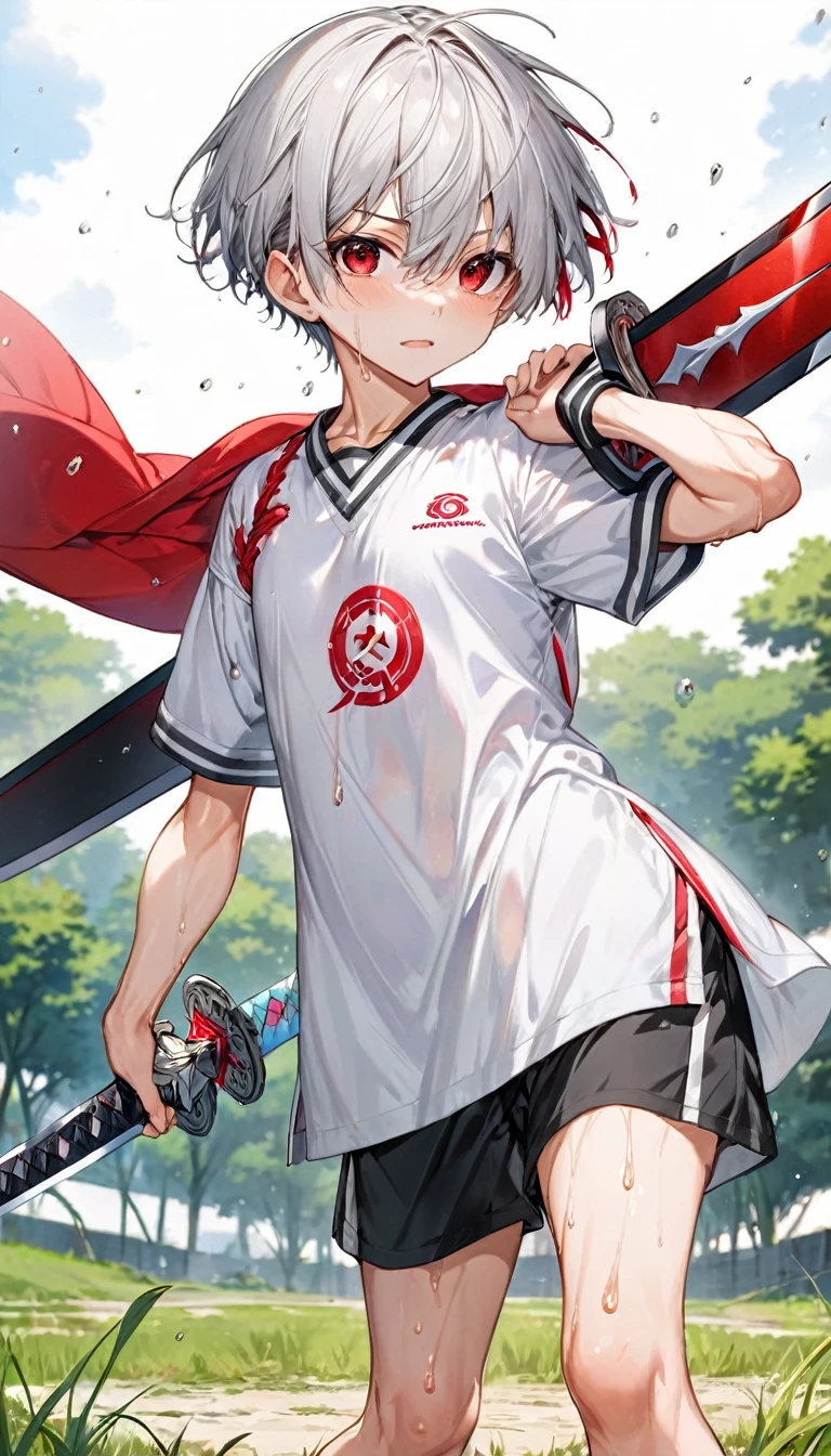 (Sword Training style) (both hands holding a detailed long sword), (full body standing fighting:1.3 pose) ( yo, solo crew cut silver hair very short hair divine sword fighter boy, detailed serious red eyes, sweaty;1.2 skin, serious face, flat chest), (in a summer training uniform), break, (in the battle training field), BREAK, perfect anatomy, masterpiece, best quality, 16k, beautiful detailed grow, daydreaming expression.