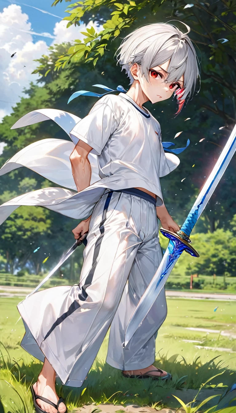 (Sword Training style) (both hands holding a detailed long sword), (full body standing fighting:1.3 pose) (16 yo, solo crew cut silver hair very short hair divine sword fighter boy, detailed serious red eyes, sweaty;1.2 skin, serious face, flat chest), (in a summer training uniform), break, (in the battle training field), BREAK, perfect anatomy, masterpiece, best quality, 16k, beautiful detailed grow, daydreaming expression.