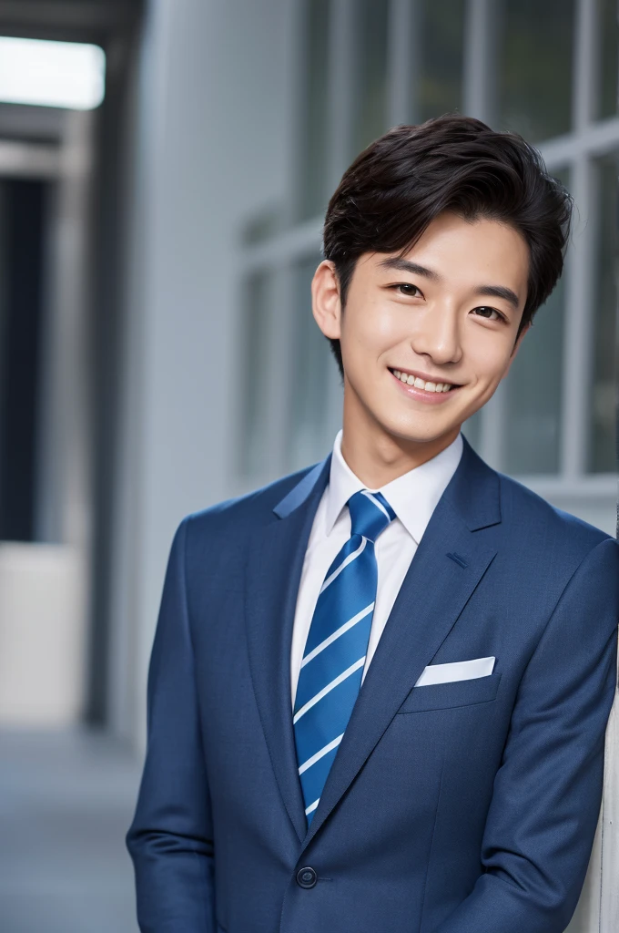 (masterpiece:1.1),(best quality:1.1),1 boy,soft light,man jxx,smile,look at the ,Navy suit jacket, light bluetie,japn