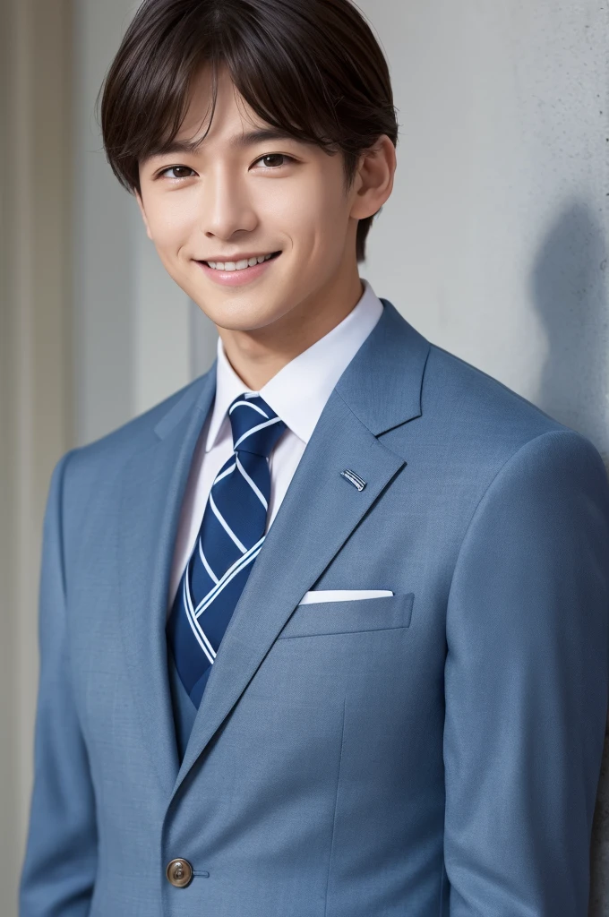 (masterpiece:1.1),(best quality:1.1),1 boy,soft light,man jxx,smile,look at the ,Navy suit jacket, light bluetie,japn