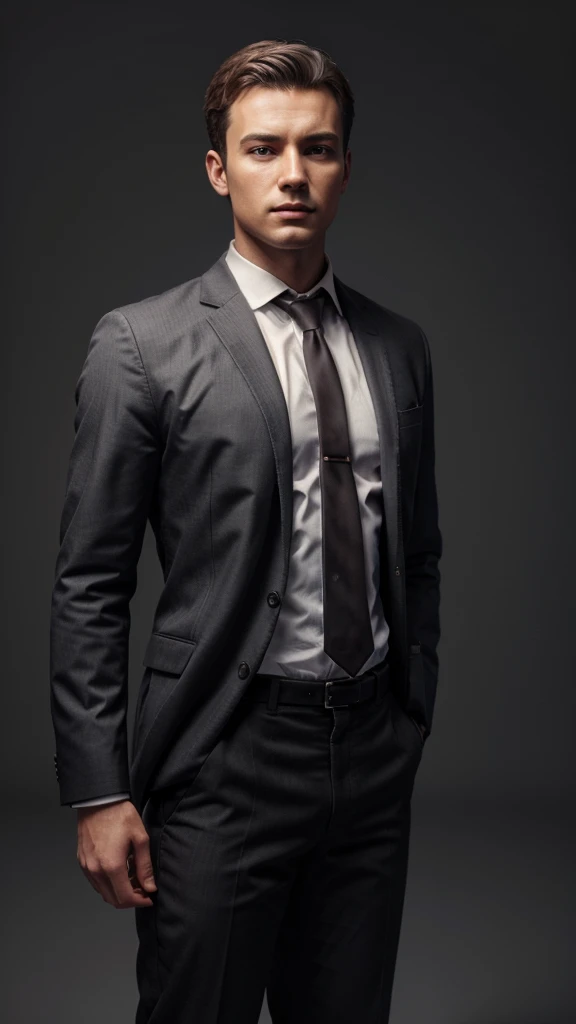 Realistic man 3d , 3d oil painting, 20 years old, wearing casual chlotes with a suit, half body, gray background with spotlights behind it