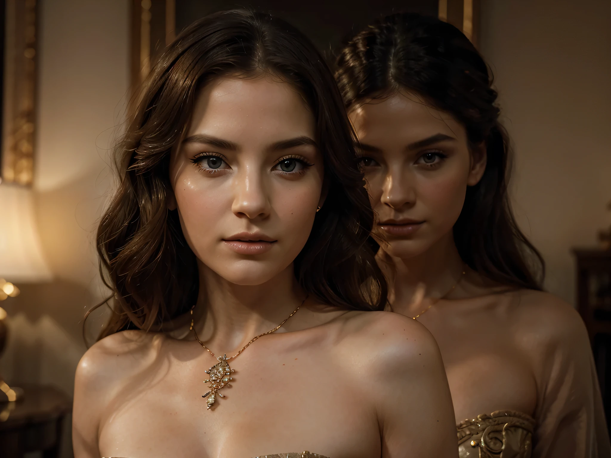 A chiaroscuro portrait of a woman, beautiful detailed eyes, beautiful detailed lips, extremely detailed eyes and face, long eyelashes, porcelain skin, elegant hairstyle, intricate jewelry, dramatic lighting, Renaissance style, dramatic shadows, warm golden tones, dramatic chiaroscuro lighting, ultra-detailed, 8k, photorealistic, masterpiece, cinematic, dramatic atmosphere, elegant and regal