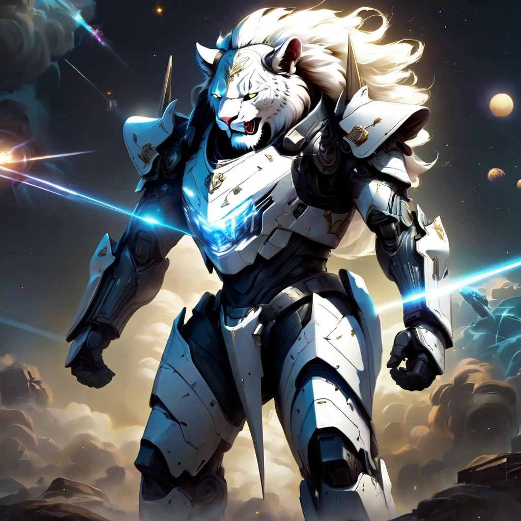 the highest picture quality,4K,wallpaper,A white lion in armor,future world,laser