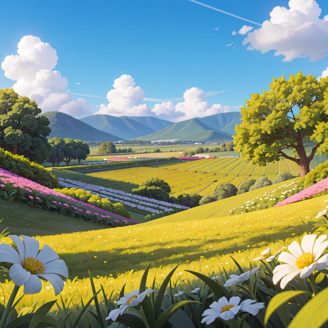 Green flower fields，In the distance is blue sky and white clouds