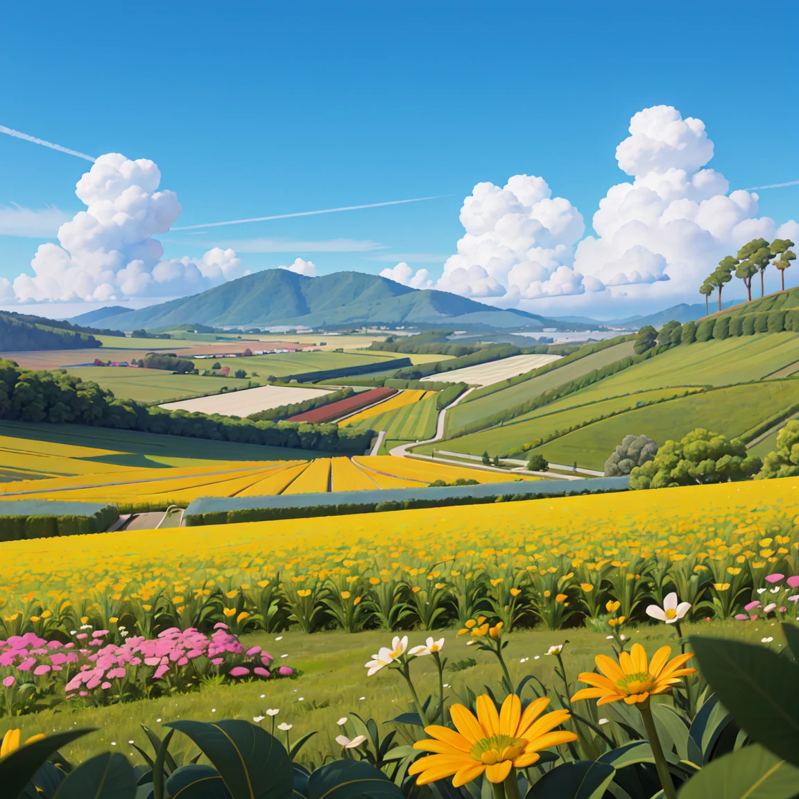Green flower fields,In the distance is blue sky and white clouds