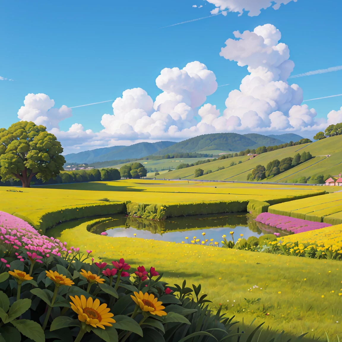 Green flower fields,In the distance is blue sky and white clouds