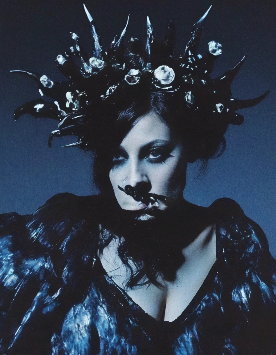 film photography, vintage, fashion shoot of female horror monster, blue dark background