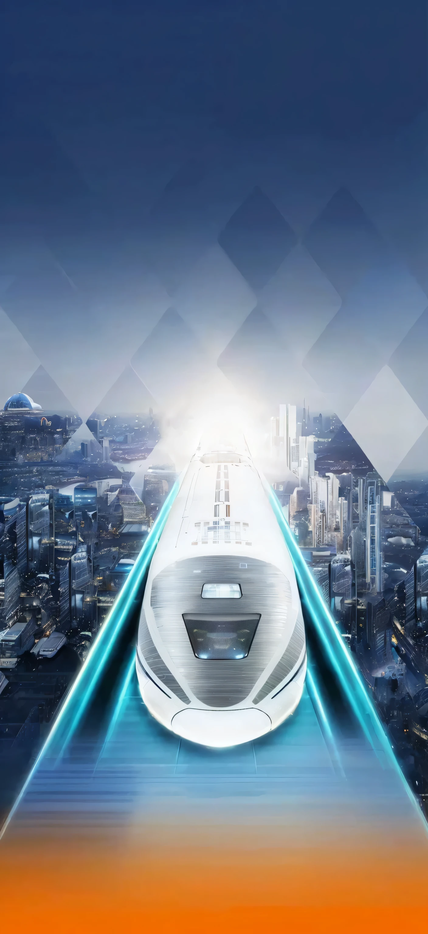 there is a Futuristic looking train going down a track in the city, the image is Futuristic, jr sc magnetic levitation, City of the Future, 2055, photo of Futuristic cityscape, 2030, Supersonic train and passengers, cyberpunk elevated train, Futuristic, Futuristic street, foster and partners, fashionable, Futuristic product car shot, Futuristic city backgrond