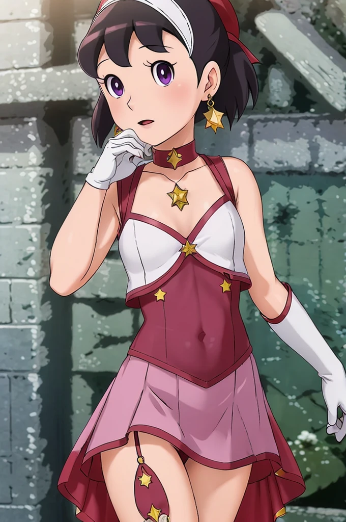 (masterpiece), (best quality), (ultra-detailed), intricate detail, detailed beautiful face and eyes,1girl, solo, purple eyes, purple hair, long dark blue hair, white earrings, red hairband, star hair ornament,fingerless gloves, gloves,pantyhose, jewelry, pleated_skirt,red skirt, short sleeves, Blunt Bangs,shizuka,hot,sea background