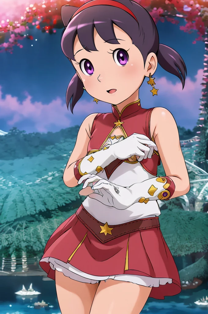 (masterpiece), (best quality), (ultra-detailed), intricate detail, detailed beautiful face and eyes,1girl, solo, purple eyes, purple hair, long dark blue hair, white earrings, red hairband, star hair ornament,fingerless gloves, gloves,pantyhose, jewelry, pleated_skirt,red skirt, short sleeves, Blunt Bangs,shizuka,hot,sea background