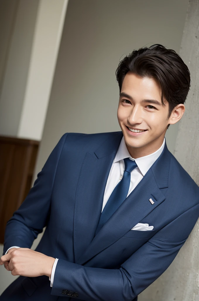 (masterpiece:1.1),(best quality:1.1),1 boy,soft light,man jxx,smile,look at the ,Navy suit jacket, light bluetie,japn