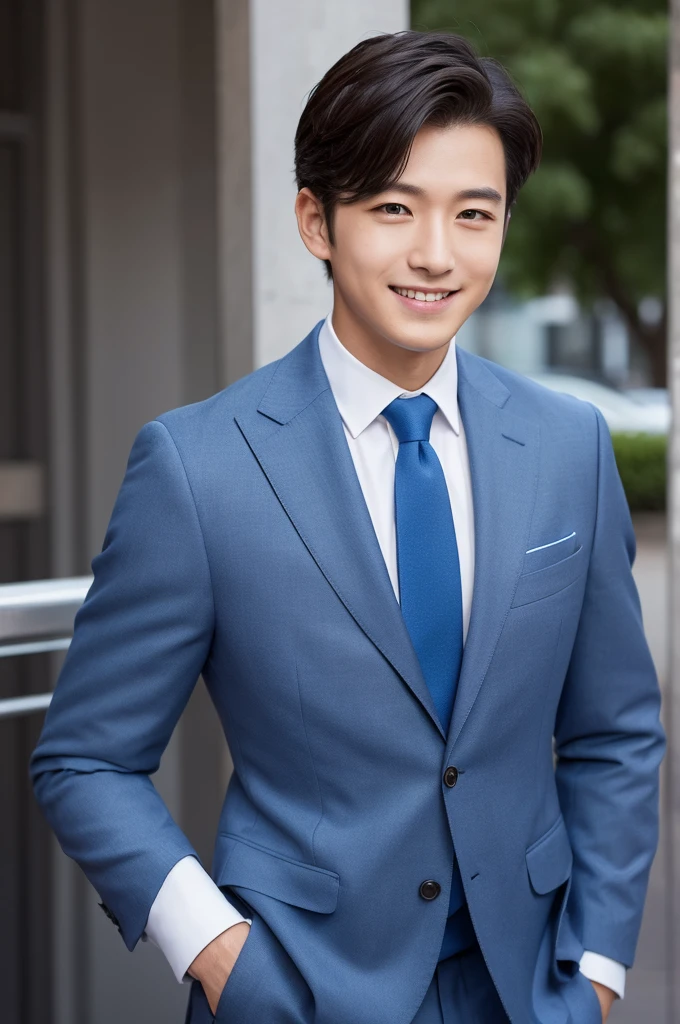 (masterpiece:1.1),(best quality:1.1),1 boy,soft light,man jxx,smile,look at the ,Navy suit jacket, light bluetie,japn