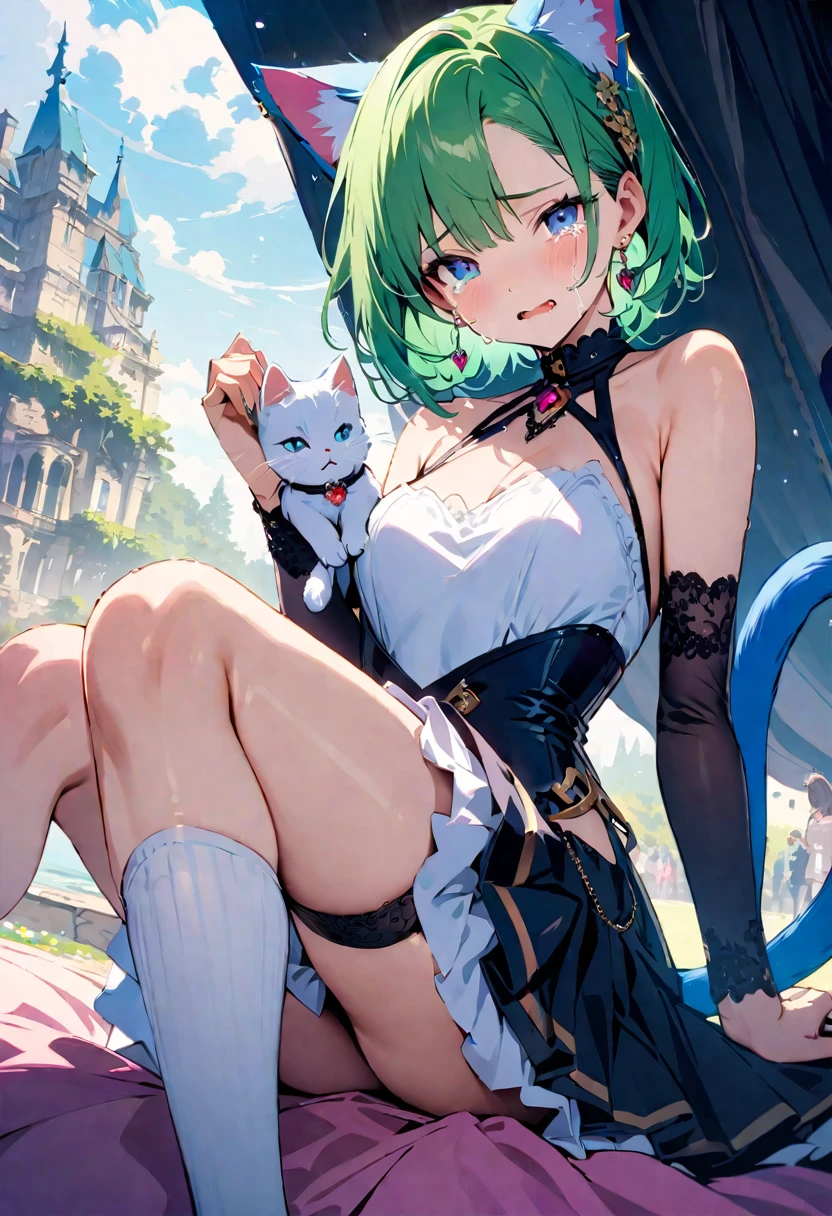 masterpiece, Highest quality, Illustrations for novels, High resolution, 18+ Adult content, Sensual, Intimate, Emotional, Passionate, romantic, sweet, Adorable, Innocent, Pure, Enchanting, Enchantingな, attractive, mysterious, Enchantingな, Enchanting, Immersive, Enchantingな, dream-like, Surreal, Imaginative, Whimsical, Artistic, Avant-garde, timeless, elegant, Sophisticated, chic, Sophisticated, Individuality, original, Enchantingな,One girl,Deltamon_beta, alone, blue eyes, Knee socks, Animal ears, Bare shoulders, Blue Tail, Earrings,Removable sleeves, Green Hair, No sleeve, Cat ear, bag, white Knee socks, Cat's Tail,pink backpack,Pink school bag,(Cheetah Dress:1.3), Paired with ivory tights and Mary Jane shoes.
rest ((Avoidance method ((kitten)), Crying face))