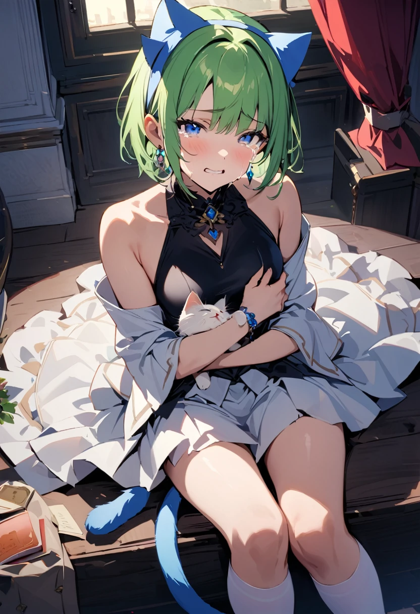 masterpiece, Highest quality, Illustrations for novels, High resolution,  , Sensual, Intimate, Emotional, Passionate, romantic, sweet, Adorable, Innocent, Pure, Enchanting, Enchantingな, attractive, mysterious, Enchantingな, Enchanting, Immersive, Enchantingな, dream-like, Surreal, Imaginative, Whimsical, Artistic, Avant-garde, timeless, elegant, Sophisticated, chic, Sophisticated, Individuality, original, Enchantingな,One girl,Deltamon_beta, alone, blue eyes, Knee socks, Animal ears,  shoulders, Blue Tail, Earrings,Removable sleeves, Green Hair, No sleeve, Cat ear, bag, white Knee socks, Cat's Tail,pink backpack,Pink school bag,(Cheetah Dress:1.3), Paired with ivory tights and Mary Jane shoes.
rest ((Avoidance method ((kitten)), Crying face))