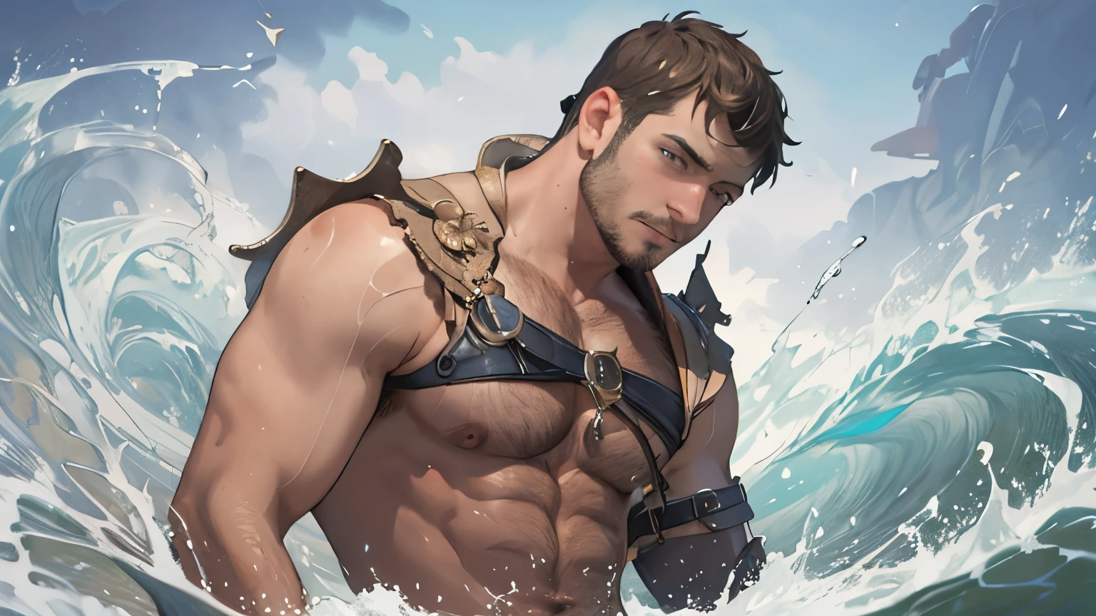 close-up facing camera, shirtless, virile young adult, wears intricate and skimpy silver armor, stubble, body hairstyles, fade, dramatic, dynamic, masterpiece, fantasy concept art, magic, abstract , surreal, whimsical, fantasy, splashes, specific art, vivid, vibrant, waves, bubbles, drops, splashes, blue and white color scheme, circle, best quality