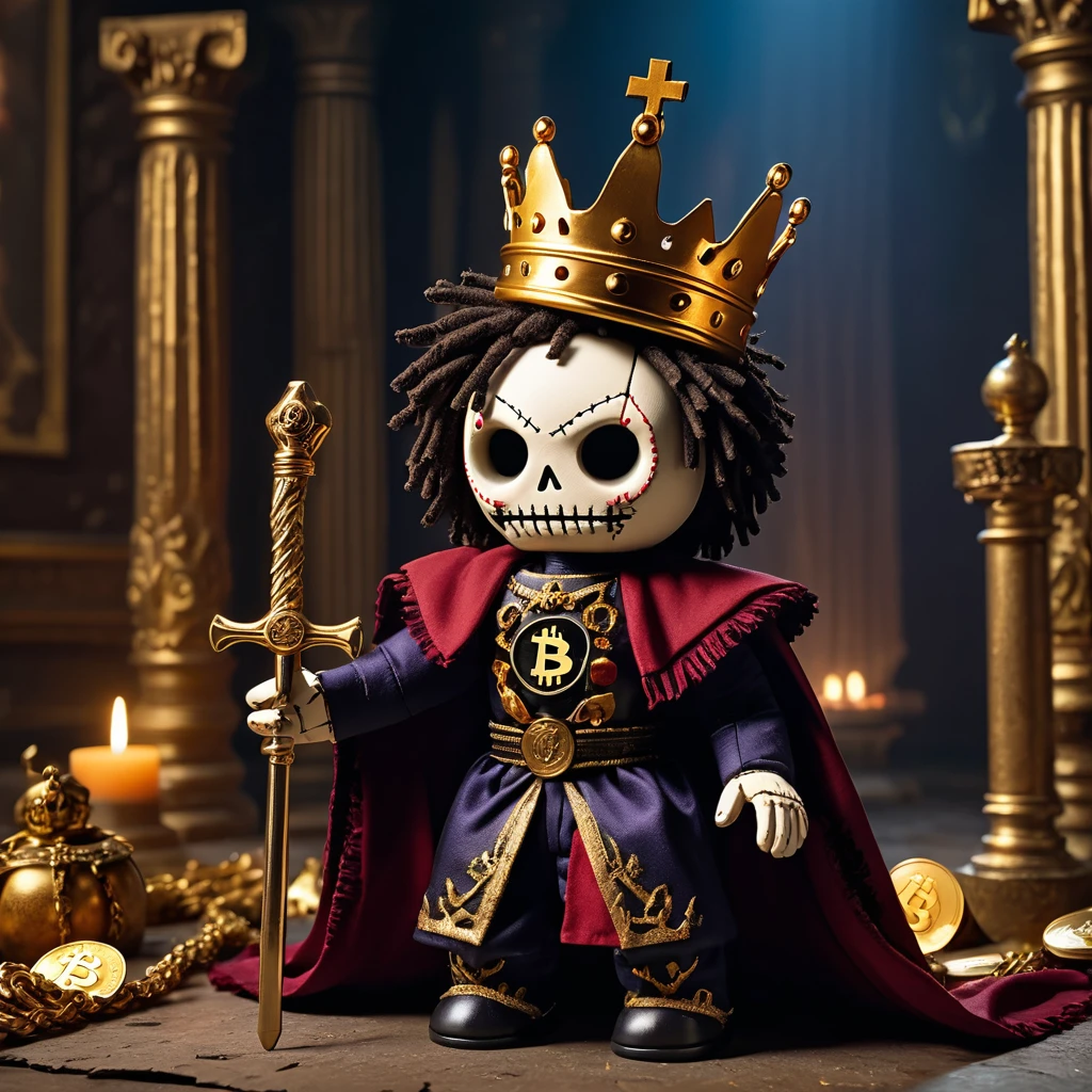 (knitted toy voodoo doll:1.8), (voodoo king:1.3), (clothes torn royal cloak, dark crown, golden scepter with bitcoin coin:1.4), (sitting on throne:1.1), (in the background ruined throne room, fallen columns, moonlight:1.3), gothic atmosphere, best quality, masterpiece, detailed soft oil painting, detailed background, dramatic cinematic lighting, soft edge lighting, professional, dramatic lighting, hard edge lighting, ultra quality, 4k, masterpiece, best quality, 8k, ultra high definition, high resolution, extremely detailed
