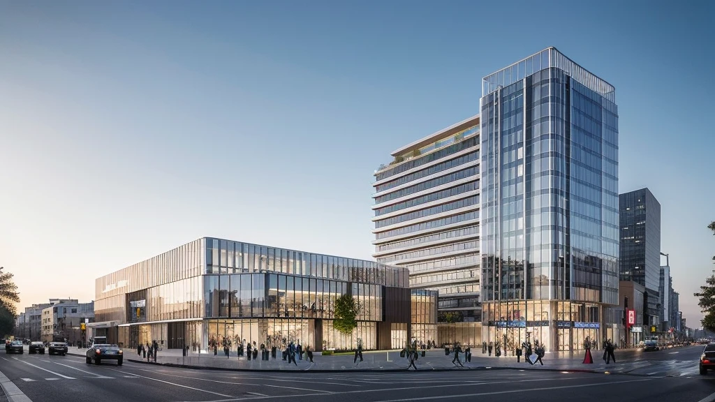 The image depicts a busy city street with a large building and a bus stop nearby. The street is filled with traffic, including cars and a bus, moving in various directions. There are several people walking along the sidewalk, some of them carrying handbags. The scene captures the hustle and bustle of city life, with people going about their daily activities and vehicles navigating the streets.