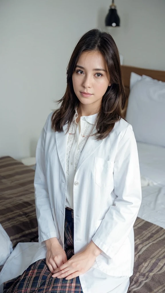 A beautiful woman in her early 30s is facing forward in a junior high school nurse&#39;s office.。Typical Japan human face。She has a neat face.、She wears natural make-up、Has a pure beauty。Characterized by large, gentle eyes and a soft smile。She has medium-long straight hair、Clean and calm atmosphere。Her hair is in a simple ponytail。She is wearing a white coat、Underneath she wears a pastel colored blouse.。She wears small earrings and a necklace。The background is the nurse&#39;s office with sunlight filtering through the trees.。Only the upper body is depicted。