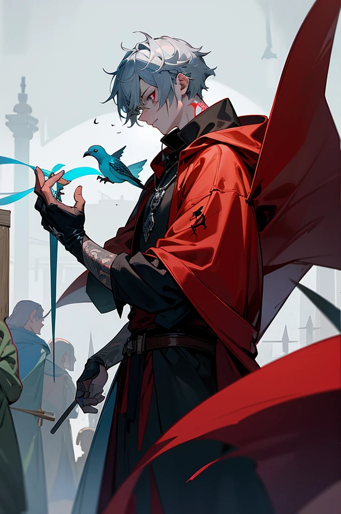 light blue for good, gray for manipulative, and red for psychopathic. He has a notable scar across his right cheek and smaller ones on his arms and torso, with tattoos of shadows and mystical symbols on his forearms and back. He wears personality-matching outfits: light battle clothes in blue and silver with a bird-like cape for good; fitted black leather robes with silver details and a hooded cloak for manipulative; and dark red leather armor with shoulder spikes and a tattered cape for psychopathic. His accessory is a necklace that changes symbols (flower, snake, skull) with his personality. Unique physical changes occur with each personality, such as posture, facial expression, and movement. The setting is a medieval urban environment with wooden architecture, stone streets, paper lanterns, and bustling markets.