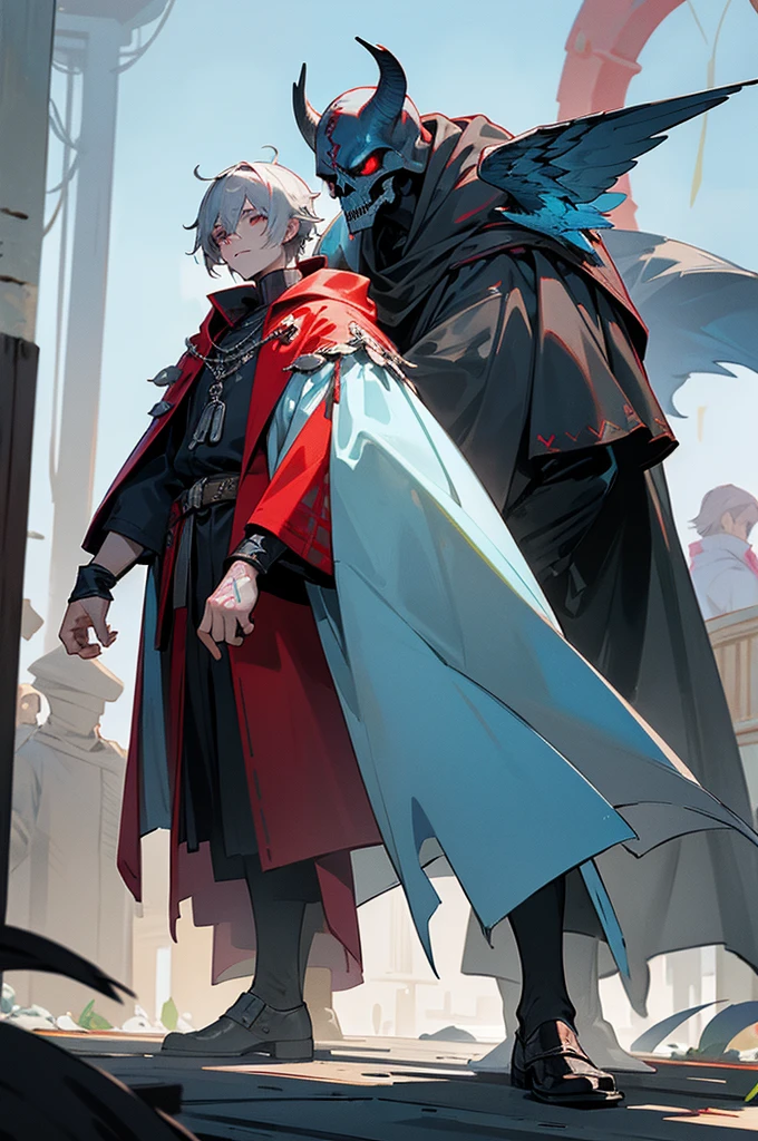 light blue for good, gray for manipulative, and red for psychopathic. He has a notable scar across his right cheek and smaller ones on his arms and torso, with tattoos of shadows and mystical symbols on his forearms and back. He wears personality-matching outfits: light battle clothes in blue and silver with a bird-like cape for good; fitted black leather robes with silver details and a hooded cloak for manipulative; and dark red leather armor with shoulder spikes and a tattered cape for psychopathic. His accessory is a necklace that changes symbols (flower, snake, skull) with his personality. Unique physical changes occur with each personality, such as posture, facial expression, and movement. The setting is a medieval urban environment with wooden architecture, stone streets, paper lanterns, and bustling markets.