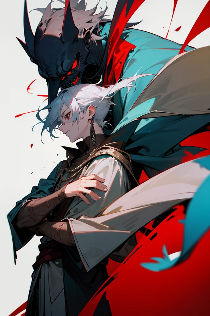 light blue for good, gray for manipulative, and red for psychopathic. He has a notable scar across his right cheek and smaller ones on his arms and torso, with tattoos of shadows and mystical symbols on his forearms and back. He wears personality-matching outfits: light battle clothes in blue and silver with a bird-like cape for good; fitted black leather robes with silver details and a hooded cloak for manipulative; and dark red leather armor with shoulder spikes and a tattered cape for psychopathic. His accessory is a necklace that changes symbols (flower, snake, skull) with his personality. Unique physical changes occur with each personality, such as posture,  expression, and movement. The setting is a medieval urban environment with wooden architecture, stone streets, paper lanterns, and bustling markets.