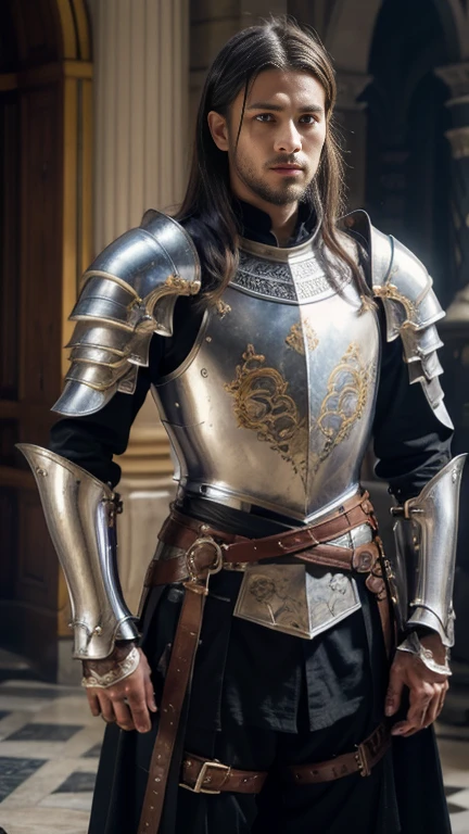 fullbody, front view, Royal Knights, Historic heavy armor envelops the entire body, Point the knight's sword at the sky, Portrait of, Close-up isolation, Solemn, Flat Chest, moderate, Humble, Cinematic, High resolution, vulgar, complicated, high quality, Gorgeous shades, complicated detail, Very slim;,OC Rendering on floor,
