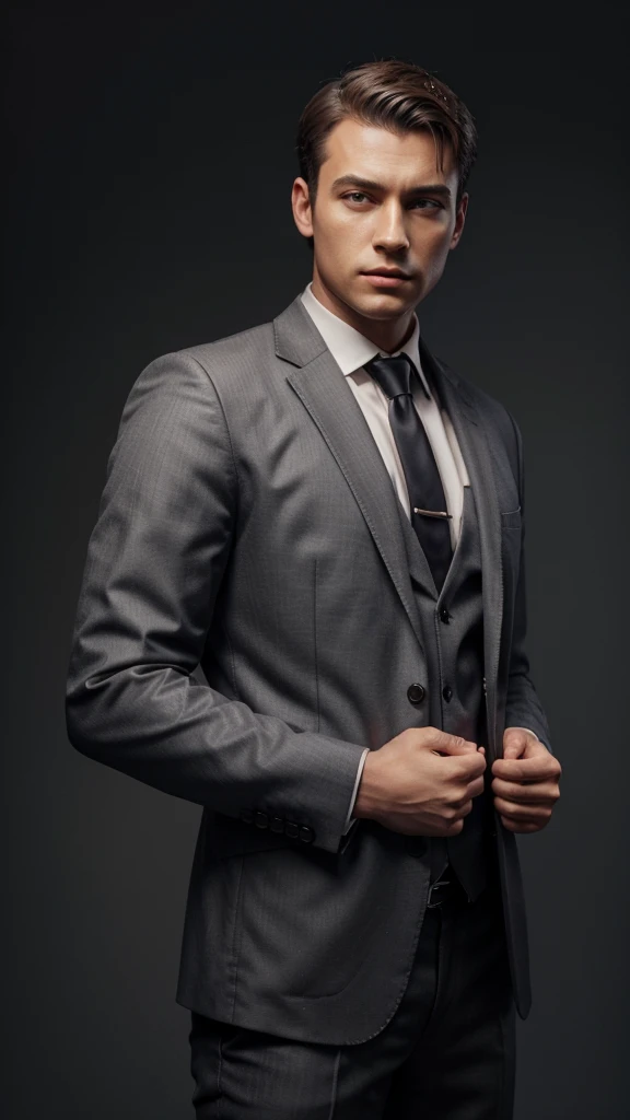 Realistic man 3d , 3d oil painting, 20 years old, wearing casual chlotes with a suit, half body, gray background with spotlights behind it