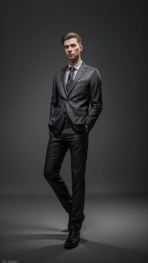Realistic man 3d , 3d oil painting, 20 years old, wearing casual chlotes with a suit, half body, gray background with spotlights behind it
