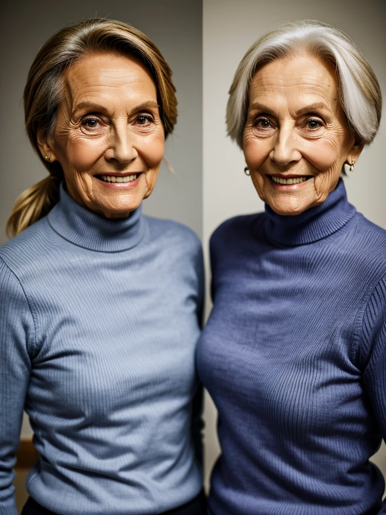 photo of 2 different old wrinkly grannies, both are skinny mature old wrinkly ladies, wearing tight ribbed pure turtleneck sweaters