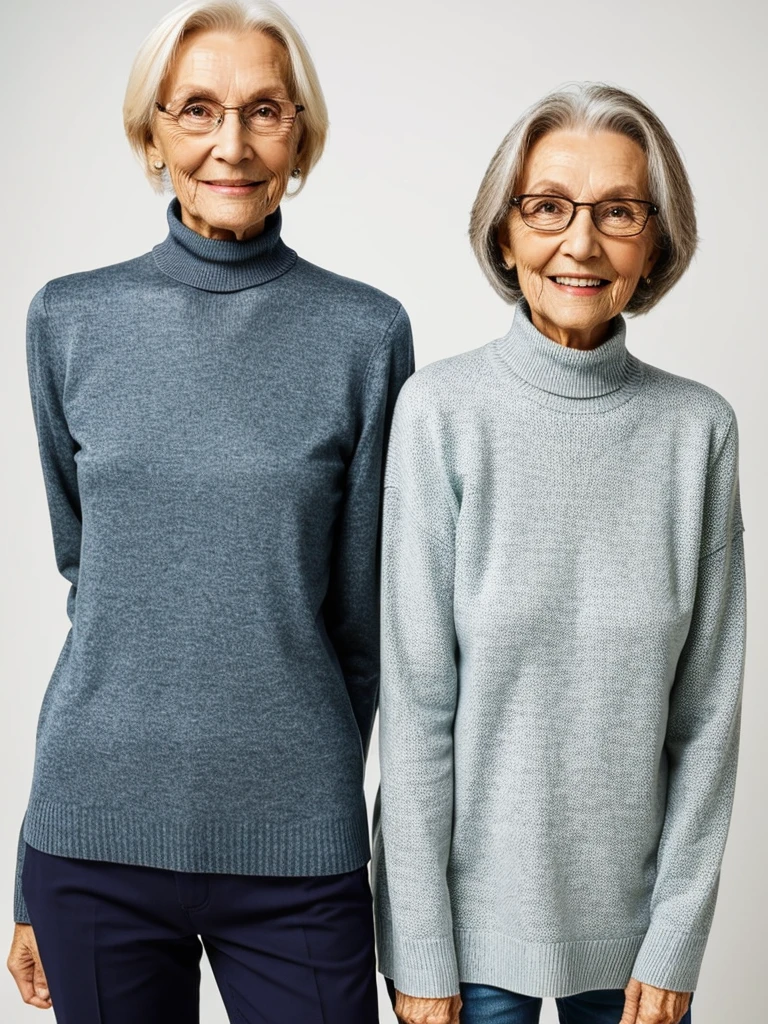 photo of 2 different old wrinkly grannies, both are skinny mature old wrinkly ladies, wearing tight ribbed pure turtleneck sweaters