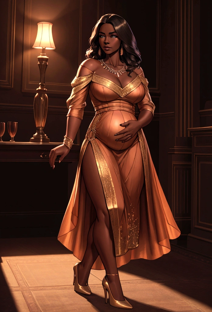A beautiful dark-skinned woman, elegant and confident, dressed up for a date, (best quality,4k,8k,highres,masterpiece:1.2),ultra-detailed,(realistic,photorealistic,photo-realistic:1.37), intricate details, chiaroscuro lighting, cinematic composition, dramatic atmosphere, warm color palette, complementary colors, flawless skin, mesmerizing eyes, full lips, glossy hair, graceful pose, form-fitting dress, high heels, luxurious jewelry, background blurred, cinematic lighting pregnat