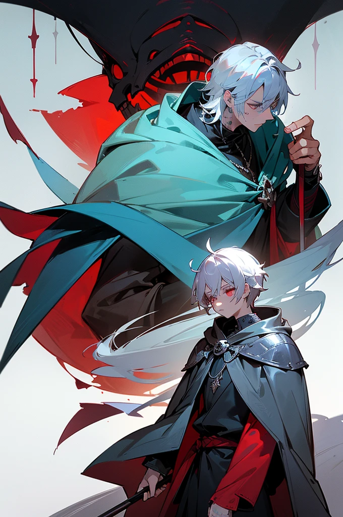 light blue for good, gray for manipulative, and red for psychopathic. He has a notable scar across his right cheek and smaller ones on his arms and torso, with tattoos of shadows and mystical symbols on his forearms and back. He wears personality-matching outfits: light battle clothes in blue and silver with a bird-like cape for good; fitted black leather robes with silver details and a hooded cloak for manipulative; and dark red leather armor with shoulder spikes and a tattered cape for psychopathic. His accessory is a necklace that changes symbols (flower, snake, skull) with his personality. Unique physical changes occur with each personality, such as posture, facial expression, and movement. The setting is a medieval urban environment with wooden architecture, stone streets, paper lanterns, and bustling markets.