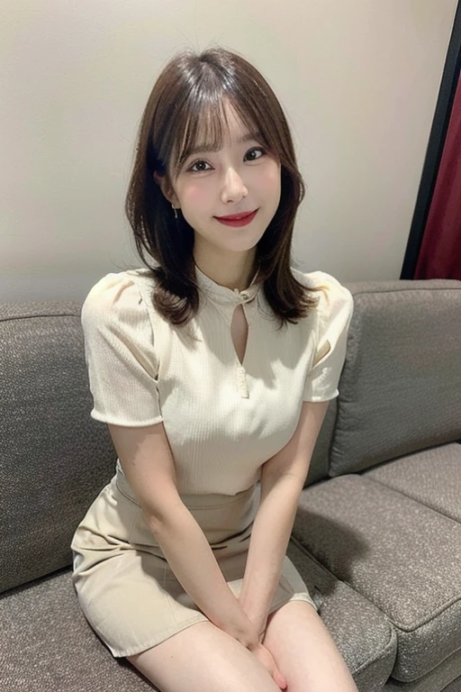 Smiling woman sitting on sofa。Age is 35 years old。Stand-up collar blouse。The color of the blouse is pearl white.。The skirt is a beige tight skirt.。Skirt length is knee-length。White high heels。Looking back diagonally at the camera。(Full Body)
