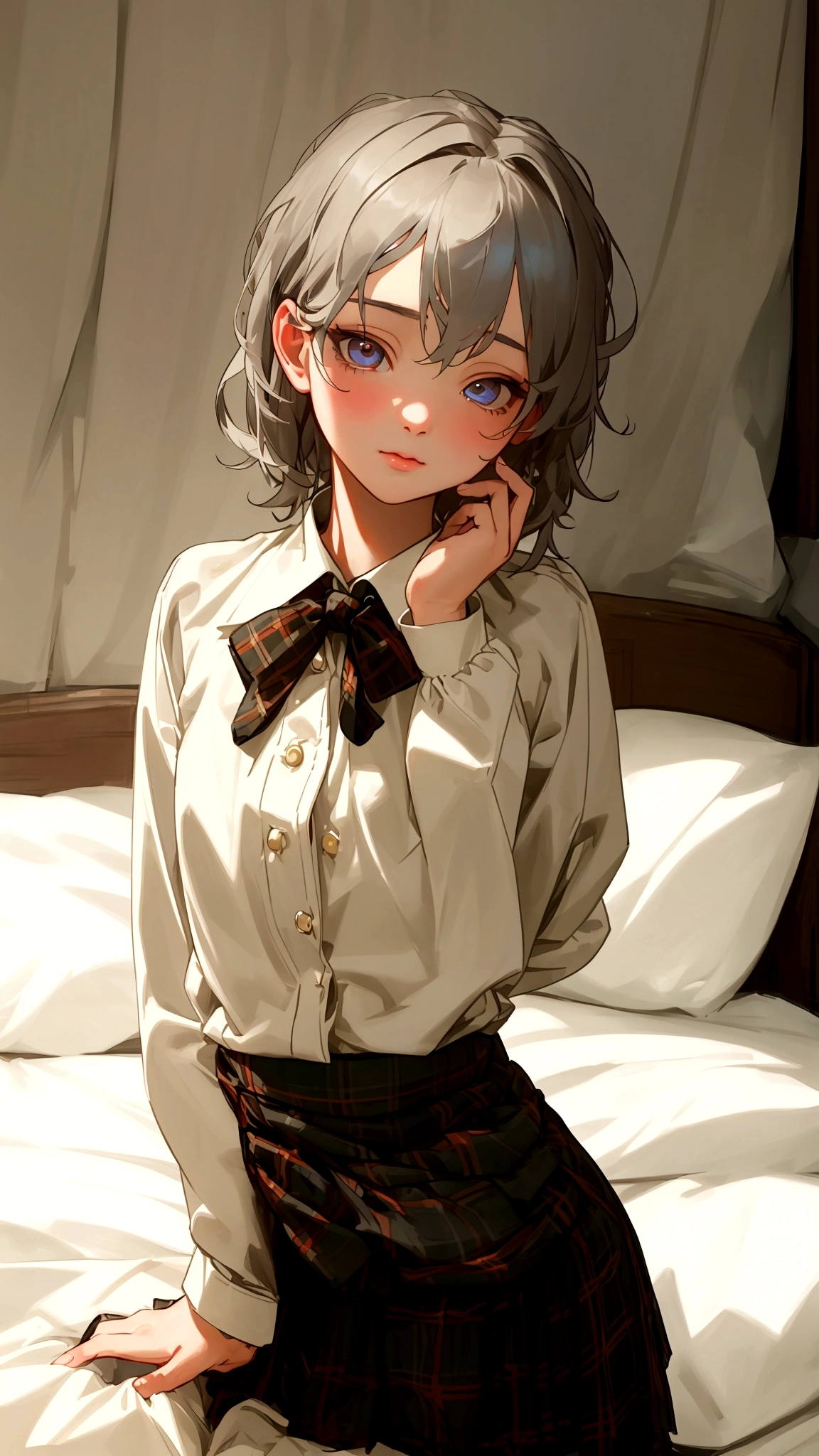 Ekaville, masterpiece, best quality, Small男孩, love, Thin, Weak, Cowboy shooting, Looking at the audience, Glowing skin, Delicate eyes, Delicate face, Realistic eyes, Realistic face, bedroom, Small, , Style - Kilt