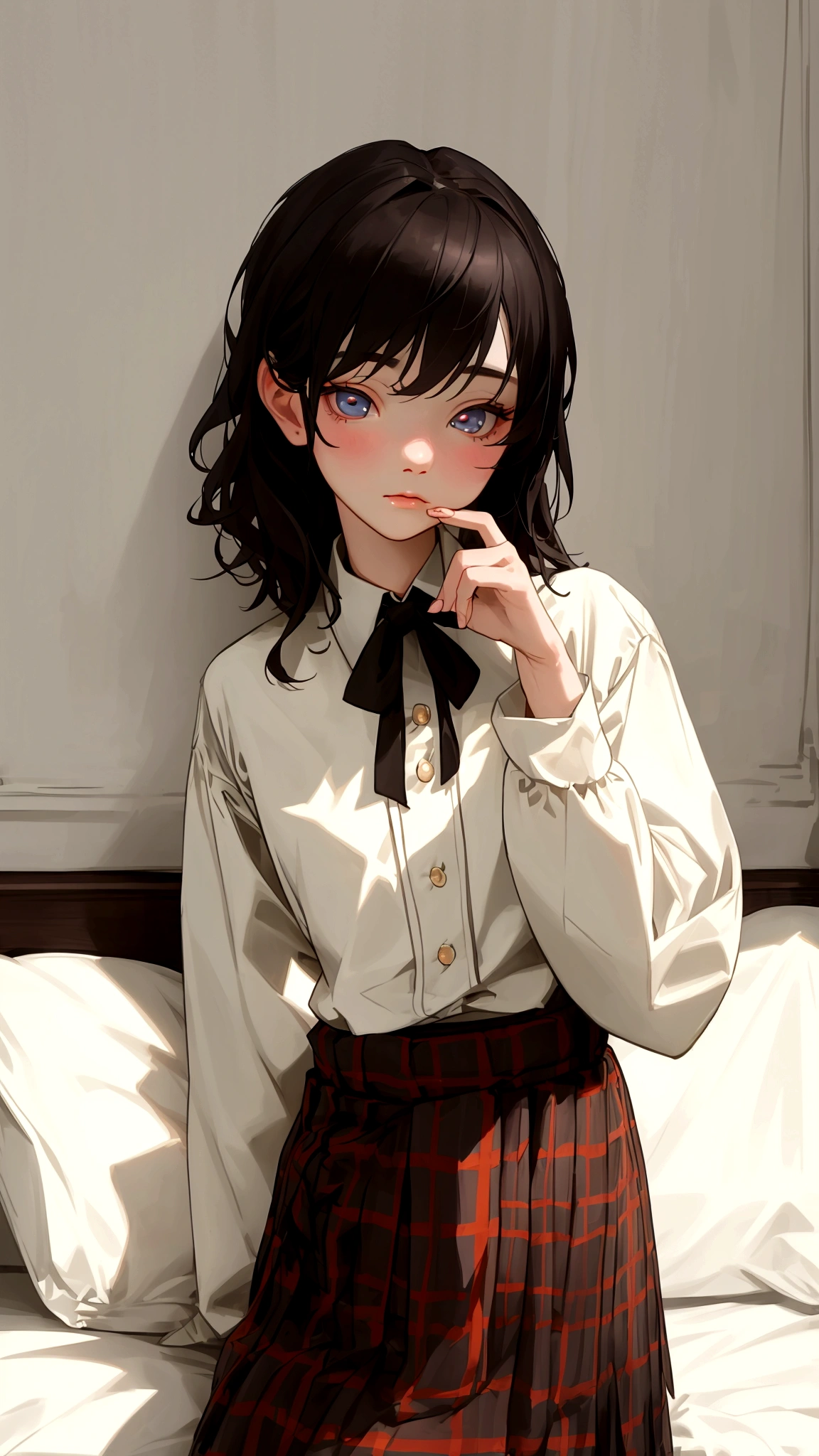 Ekaville, masterpiece, best quality, Small男孩, love, Thin, Weak, Cowboy shooting, Looking at the audience, Glowing skin, Delicate eyes, Delicate face, Realistic eyes, Realistic face, bedroom, Small, , Style - Kilt