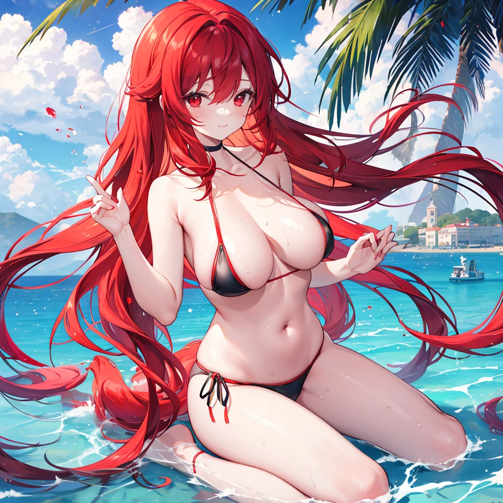 Beaches and sands, Calm expression, Perfect hands, elder, The dignity of a 50-year-old, 落ち着きのあるwoman, solo、(Highly detailed background:1.0)、(Highly detailed background:1.0)、masterpiece、Highest quality、(Babes)、Fractal Art、Red eyes、Narrow eyes、???? black and red swimsuit, Reddish cheeks、Tropical Sea、From the shoulders up、Recall、smile、(long red hair、Colorful Hair)、Three-dimensional clouds、Venice beach, Long Ponytail, Long Red Hair, Red eyes,スタイリッシュなアクセサリーsolo, ???????????, woman, Take-out, Provocative laughter,40 year old woman,Queen of ??????, Highly detailed background, Great writing style, Sit with both hands outstretched, Splash, Diffuse reflection of light, Perfect Human Medicine, Water breathing, ?????????, barefoot, 
